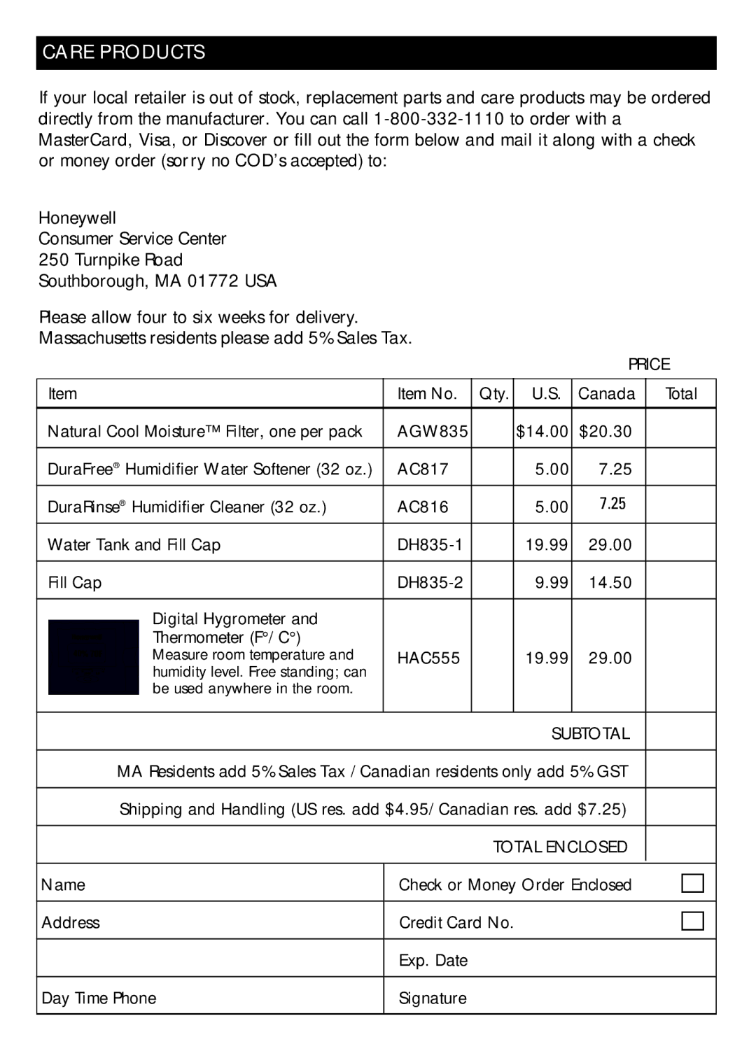 Honeywell DH-835 owner manual Care Products, Price, Subtotal, Total Enclosed 