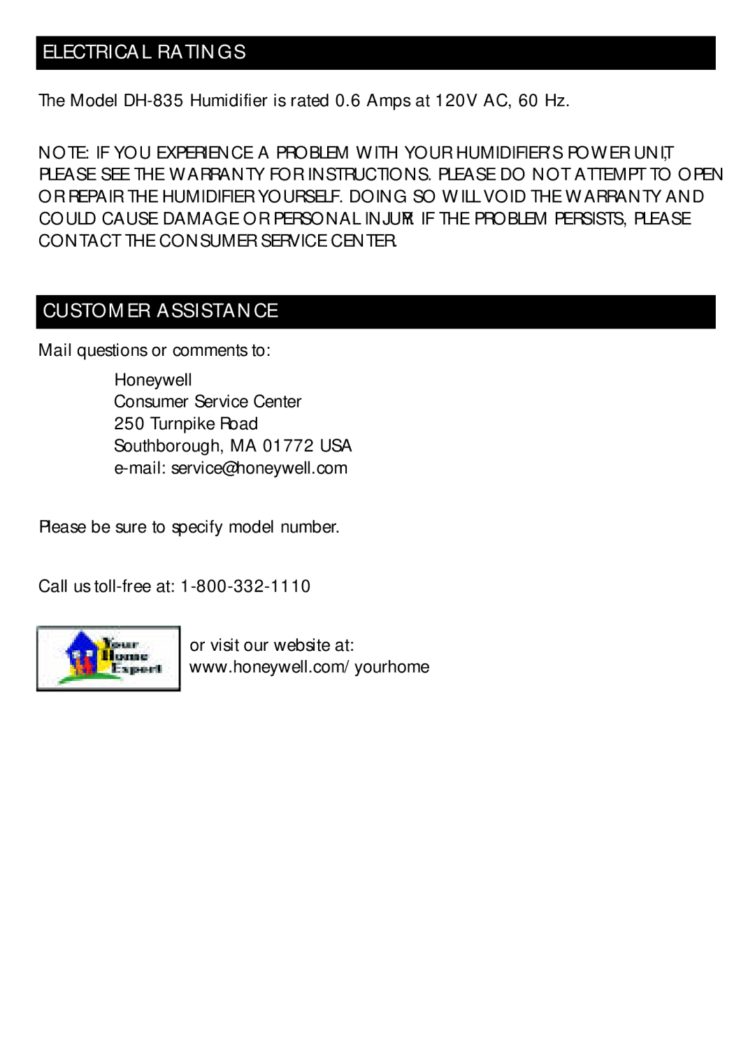 Honeywell DH-835 owner manual Electrical Ratings, Customer Assistance 