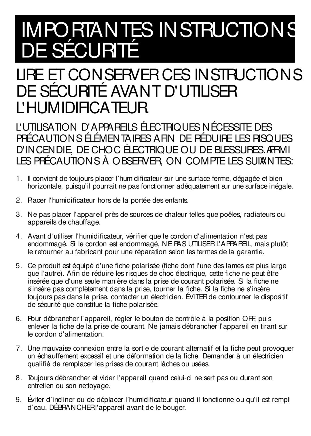 Honeywell DH-835 owner manual Importantes Instructions DE Sécurité 