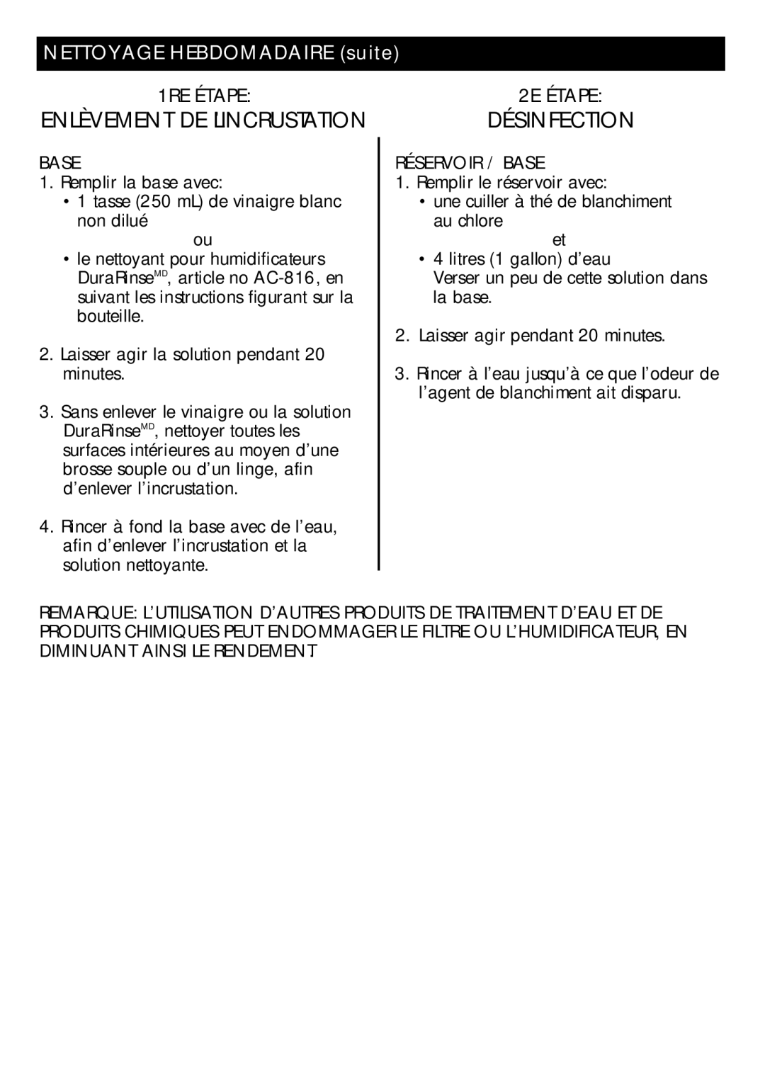 Honeywell DH-835 owner manual Enlèvement DE L’INCRUSTATION, Réservoir / Base 