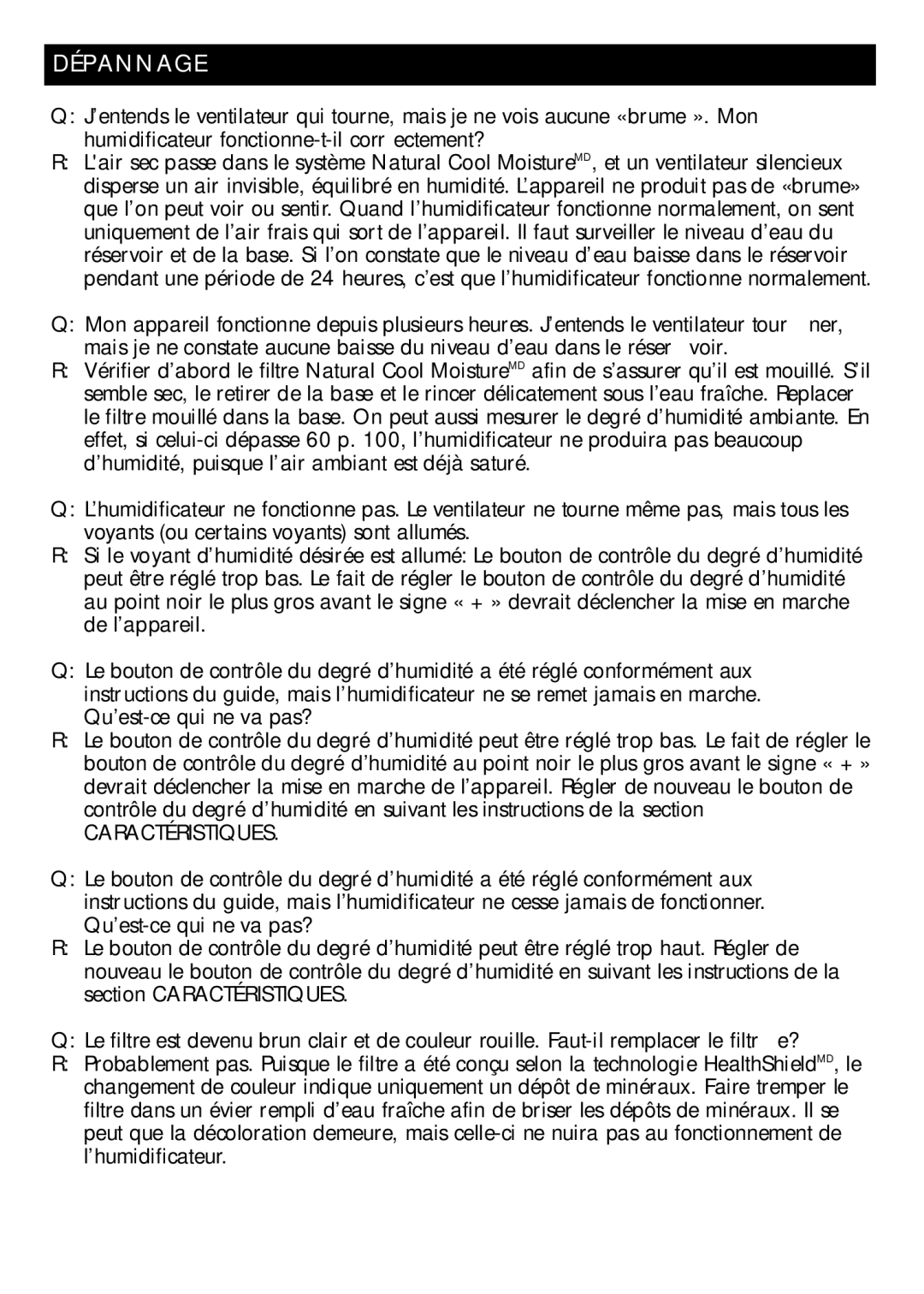 Honeywell DH-835 owner manual Dépannage, Caractéristiques 