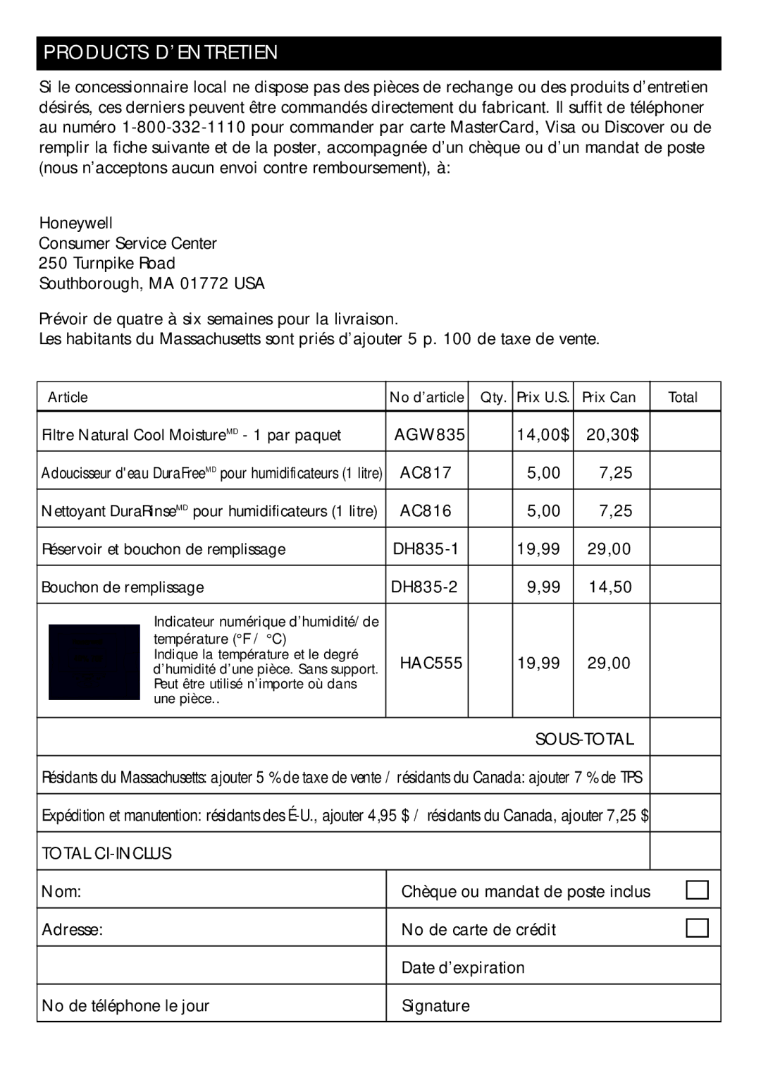 Honeywell DH-835 owner manual Products D’ENTRETIEN, Sous-Total, Total CI-INCLUS 