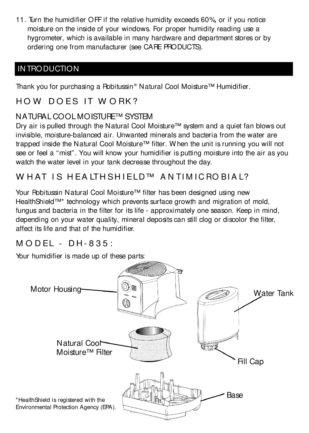 Honeywell DH-835 owner manual Natural Cool Moisture System 