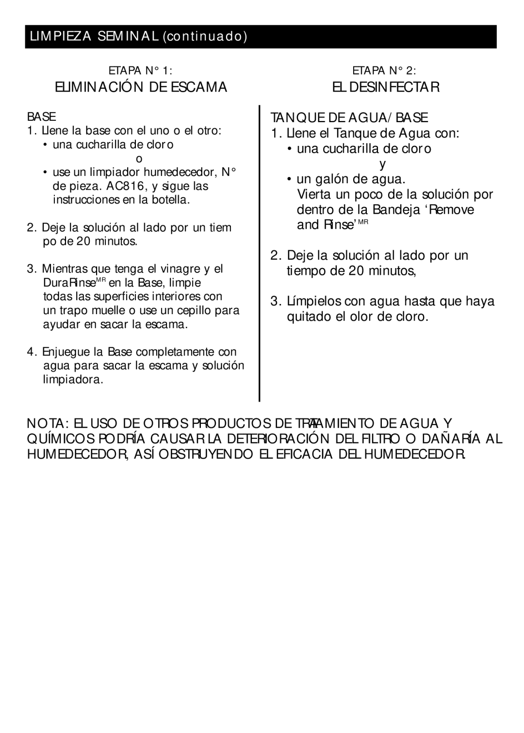 Honeywell DH-835 owner manual Eliminación DE Escama, EL Desinfectar Tanque DE AGUA/BASE, Etapa N 