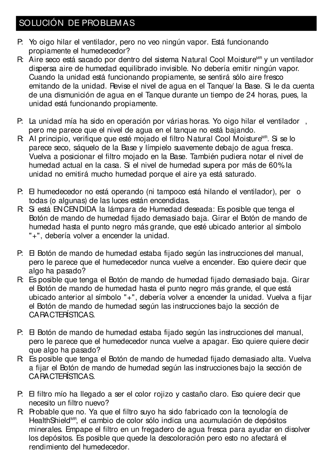 Honeywell DH-835 owner manual Solución DE Problemas, Características 