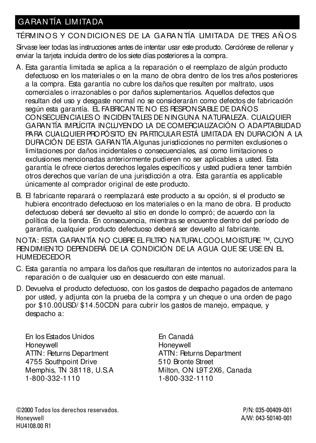 Honeywell DH-835 owner manual Términos Y Condiciones DE LA Garantía Limitada DE Tres Años 