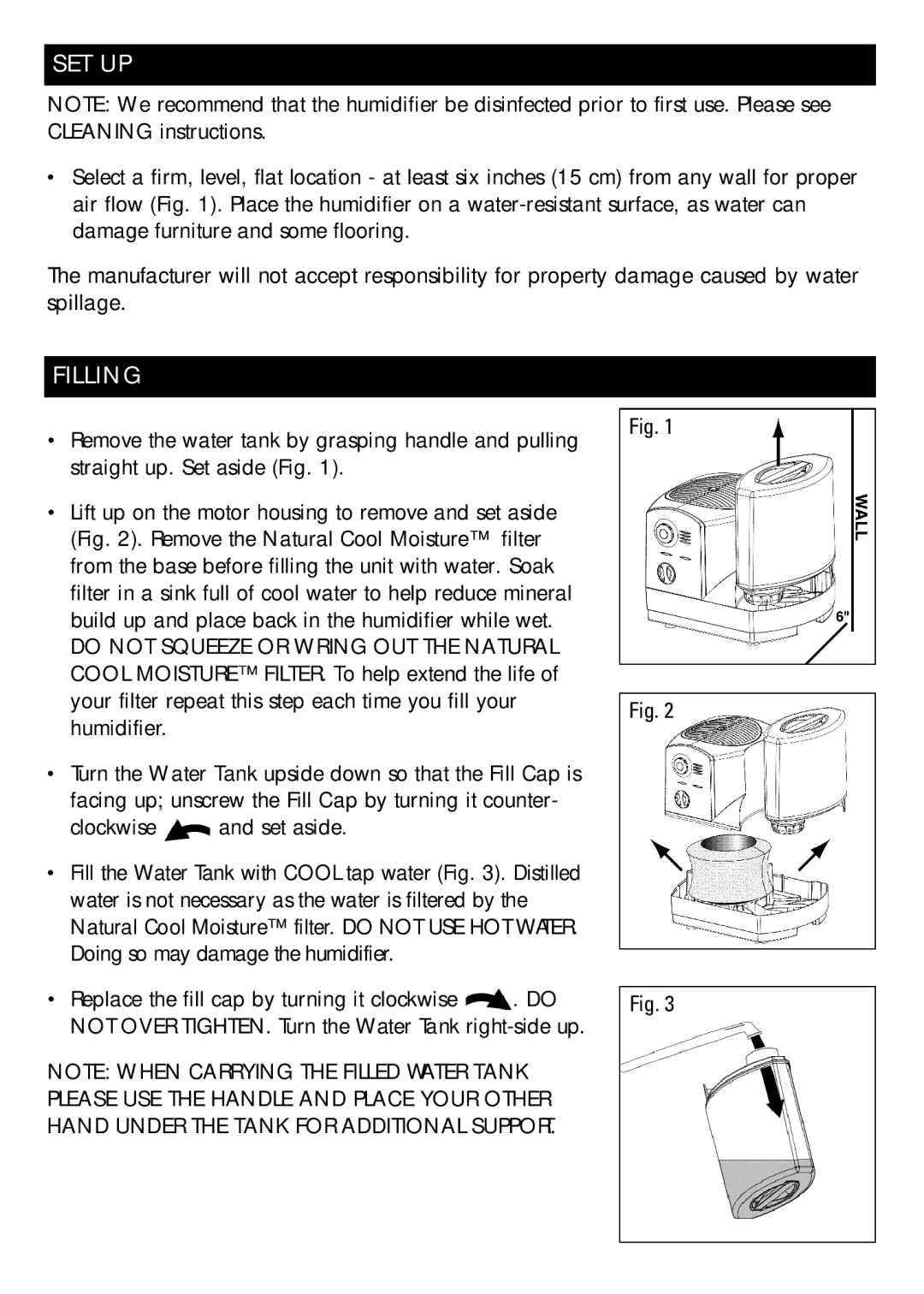 Honeywell DH-835 owner manual Set Up, Filling 