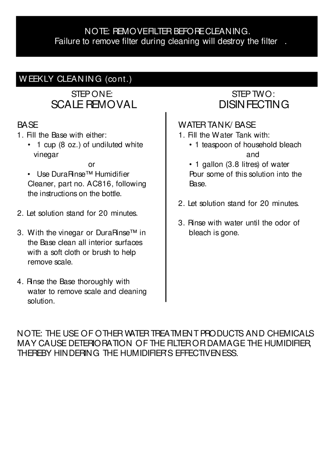 Honeywell DH-835 owner manual Step ONE, Base, Step TWO, Water TANK/BASE 