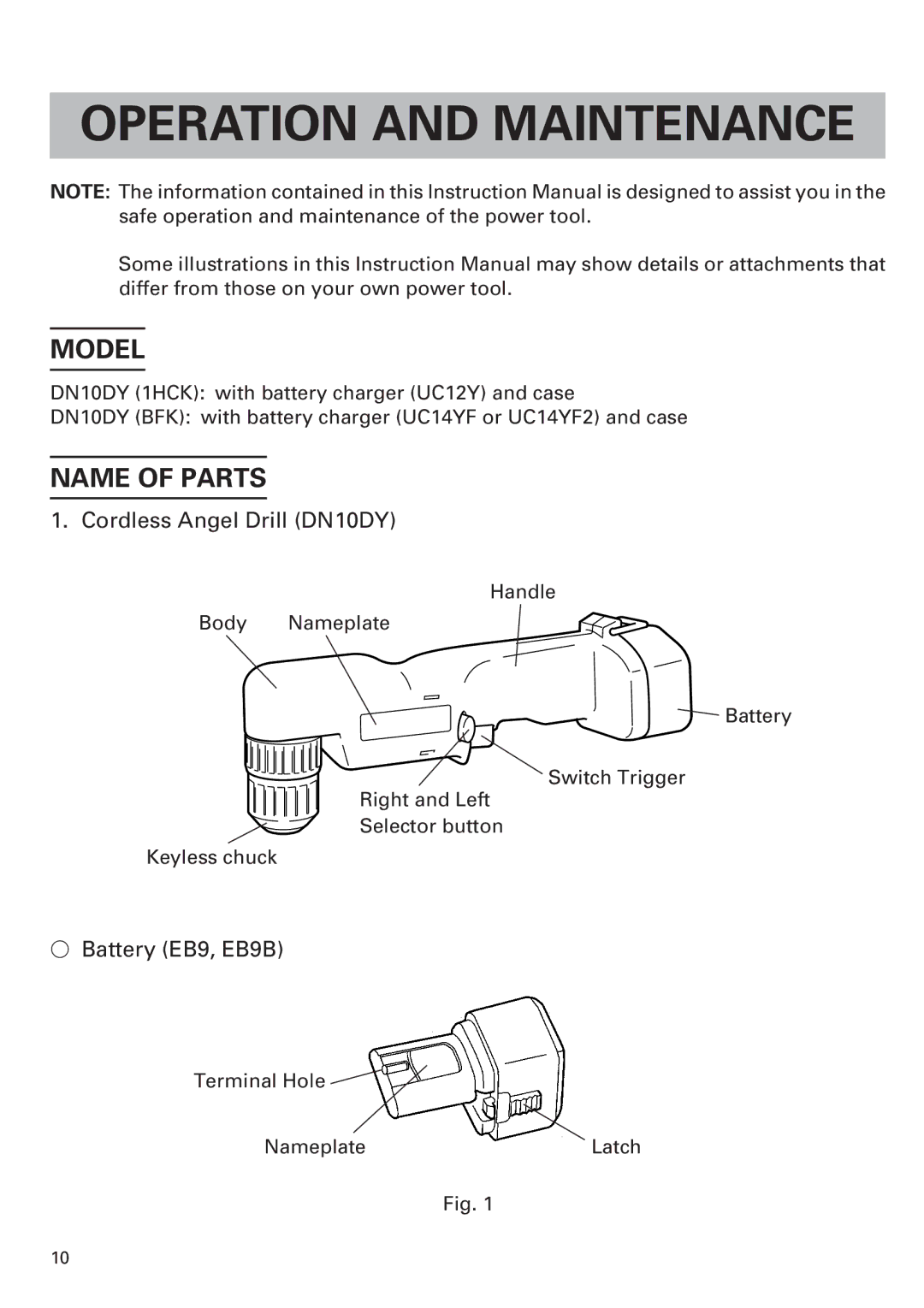 Honeywell DN 10DY instruction manual Model, Name of Parts, Cordless Angel Drill DN10DY, Battery EB9, EB9B 