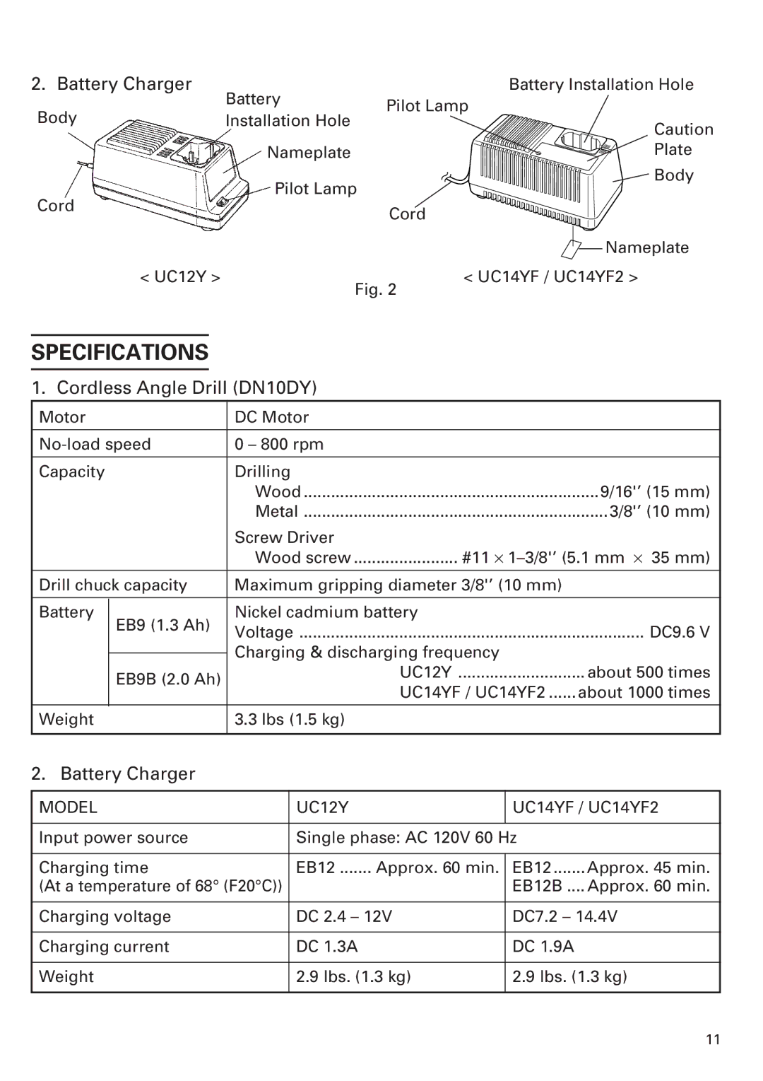 Honeywell DN 10DY instruction manual Specifications, Battery Charger, Cordless Angle Drill DN10DY 