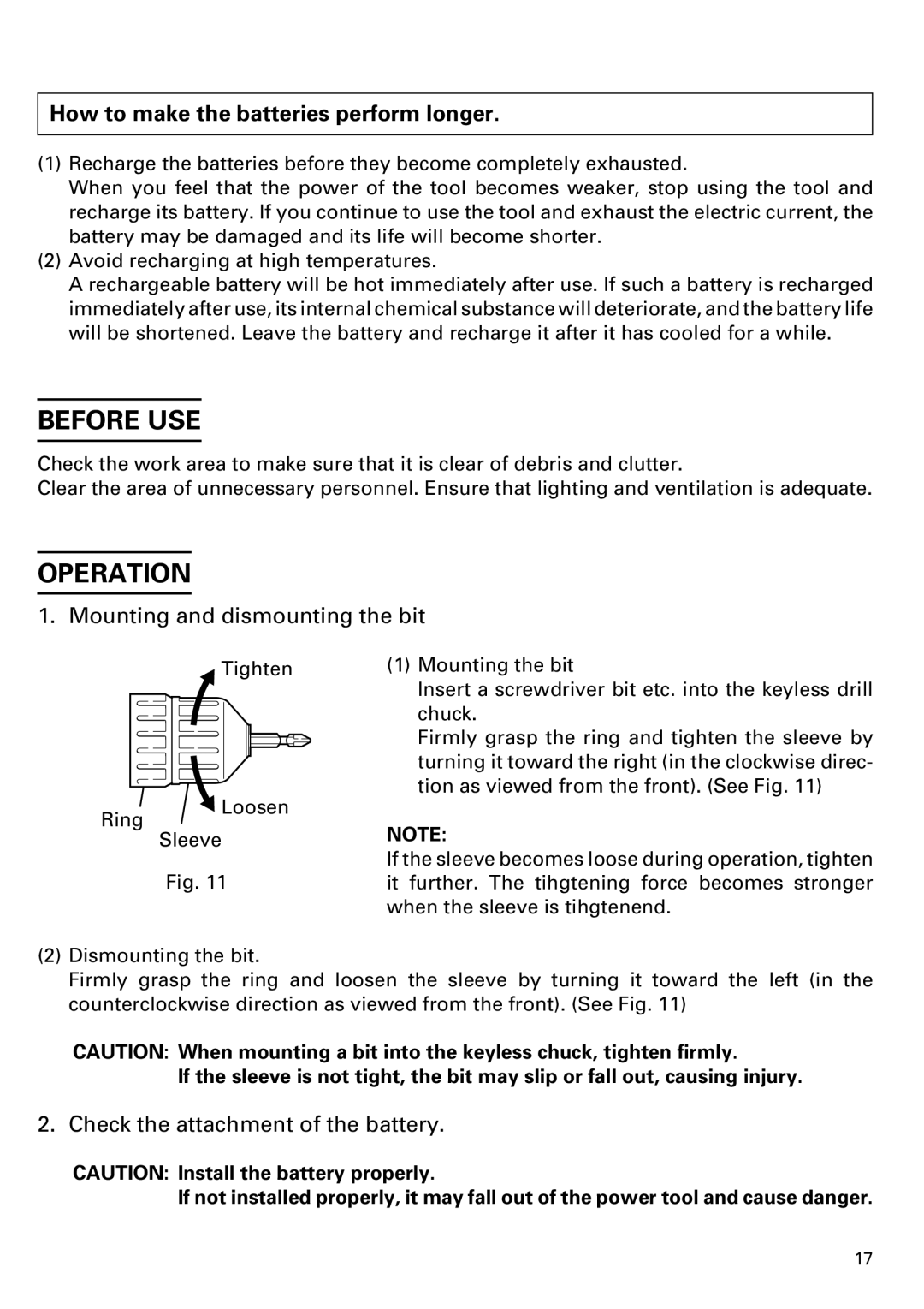 Honeywell DN 10DY Before USE, Operation, Mounting and dismounting the bit, Check the attachment of the battery 