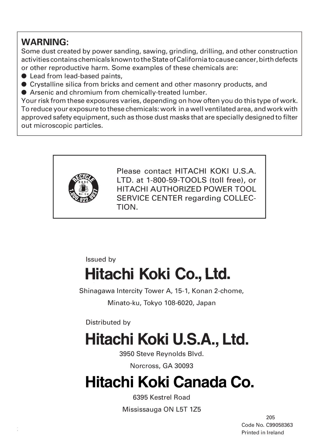 Honeywell DN 10DY instruction manual Please contact Hitachi Koki U.S.A, Service Center regarding Collec 