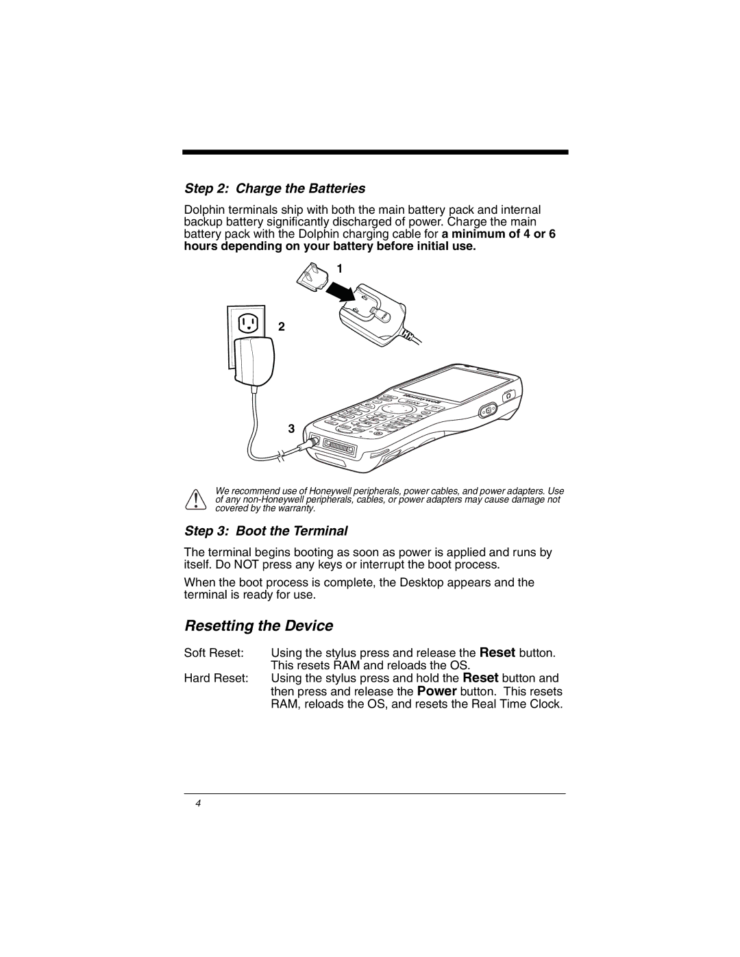 Honeywell Dolphin 6100, 6100 Mobile Computer quick start Resetting the Device, Charge the Batteries 