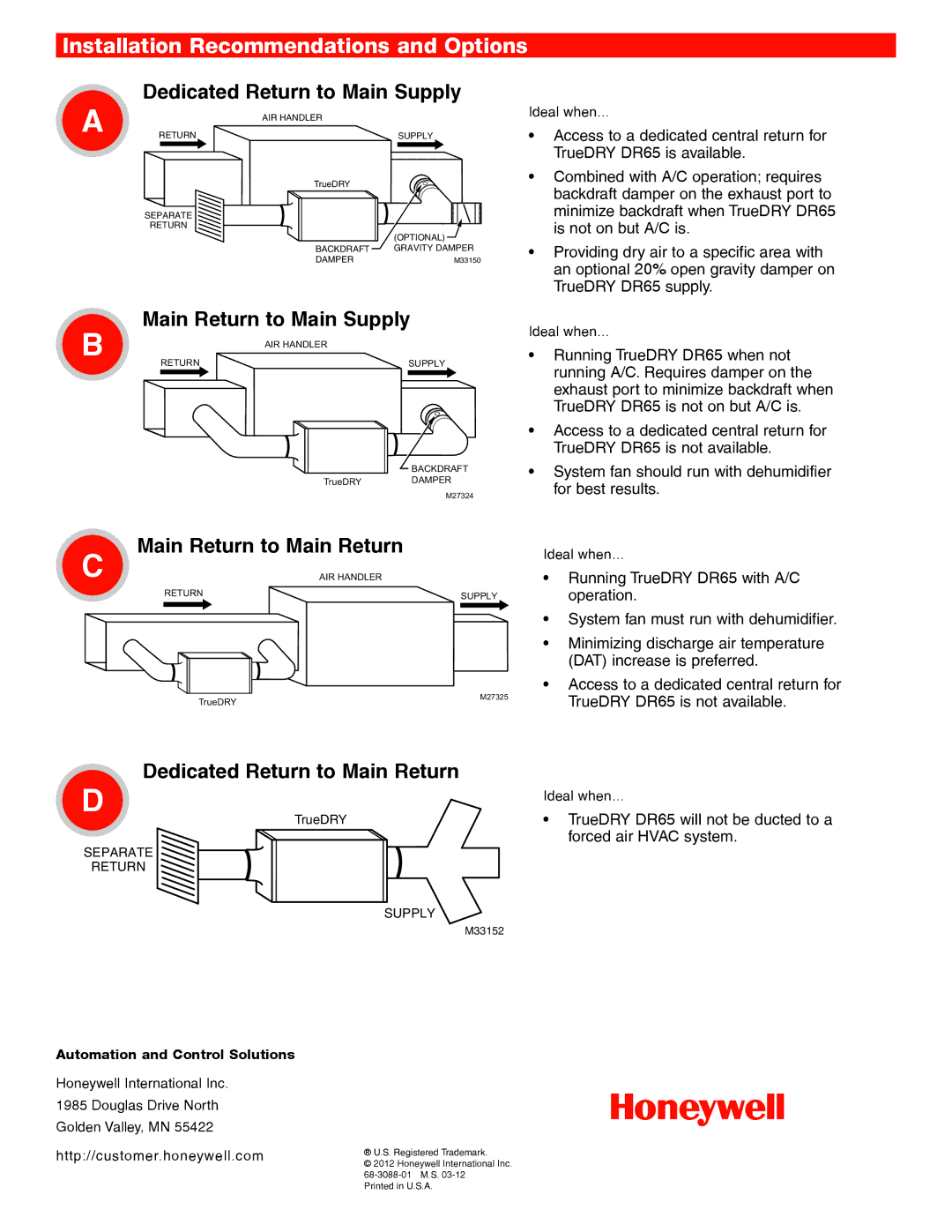 Honeywell DR120 dimensions Dedicated Return to Main Supply, Main Return to Main Supply, Main Return to Main Return 