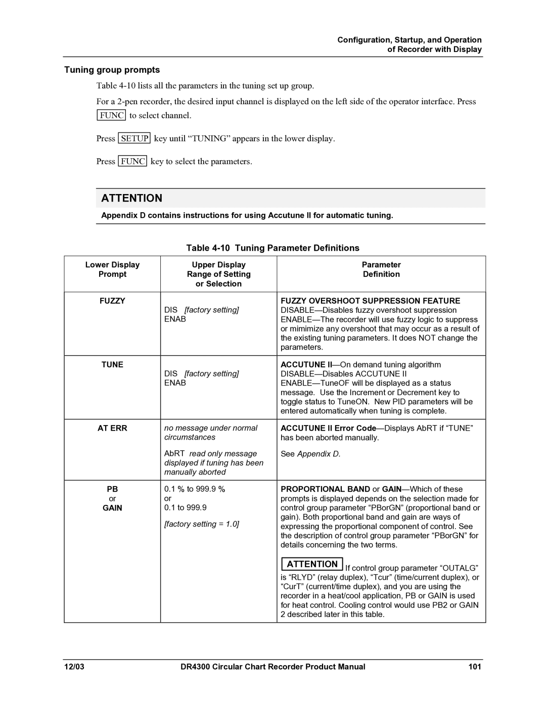 Honeywell DR4300 manual Tuning group prompts, Tuning Parameter Definitions, Fuzzy Overshoot Suppression Feature 