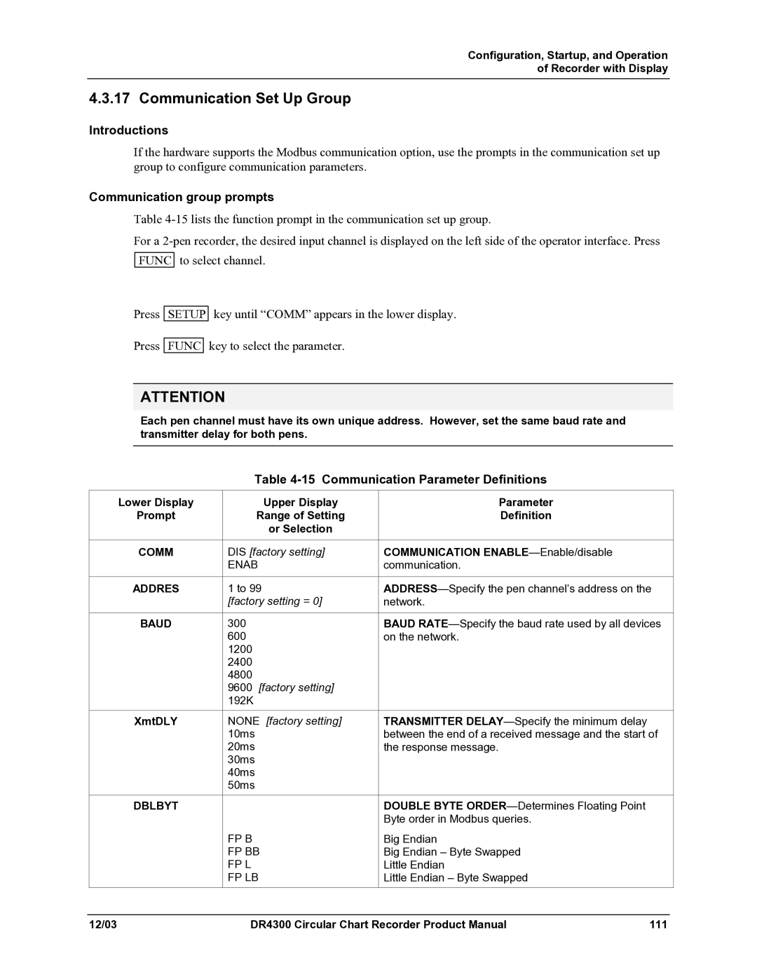 Honeywell DR4300 manual Communication Set Up Group, Introductions, Communication group prompts 