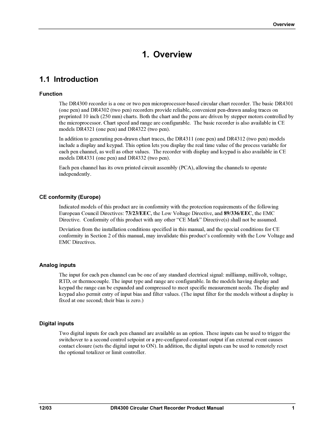 Honeywell DR4300 manual Introduction, Function, CE conformity Europe, Analog inputs, Digital inputs 