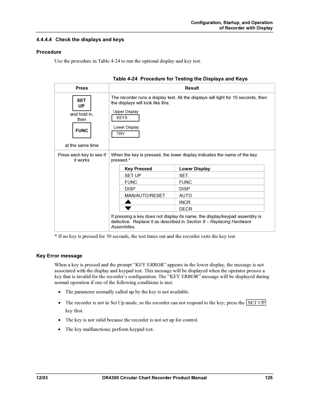 Honeywell DR4300 Check the displays and keys Procedure, Procedure for Testing the Displays and Keys, Key Error message 