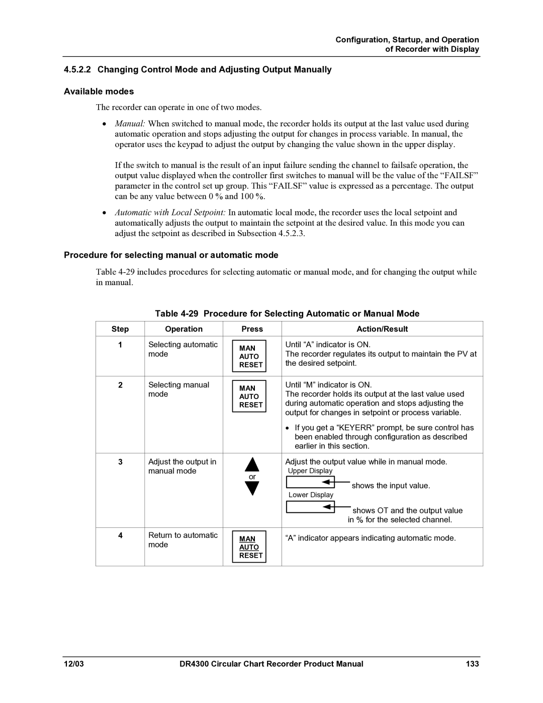 Honeywell DR4300 Procedure for selecting manual or automatic mode, Procedure for Selecting Automatic or Manual Mode 