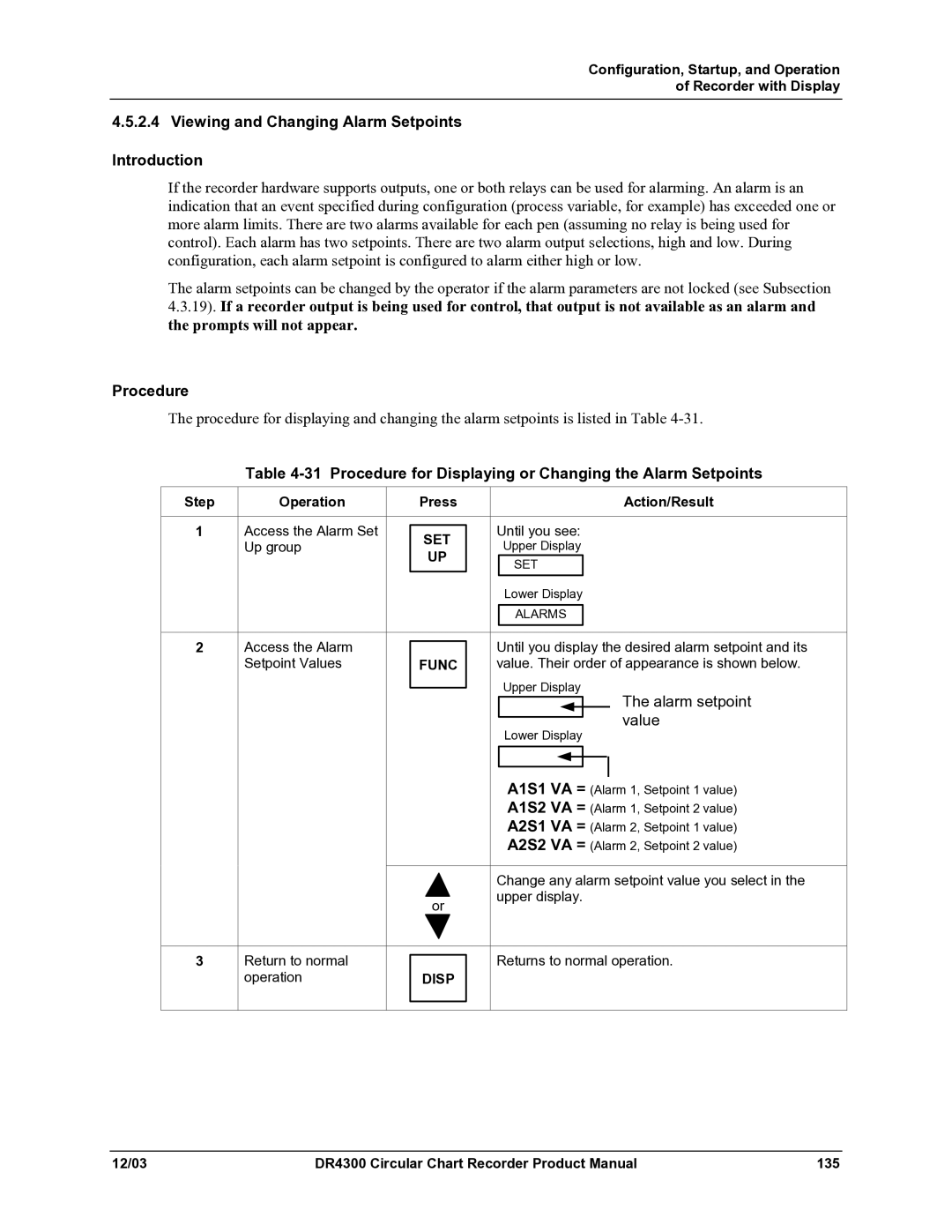 Honeywell manual Viewing and Changing Alarm Setpoints Introduction, DR4300 Circular Chart Recorder Product Manual 135 