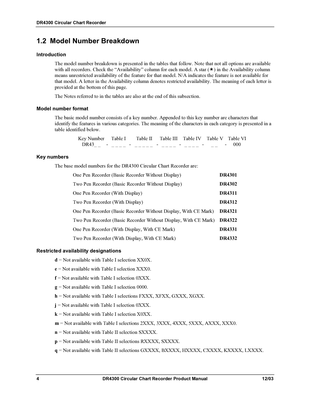 Honeywell DR4300 manual Model Number Breakdown, Introduction, Model number format, Key numbers 