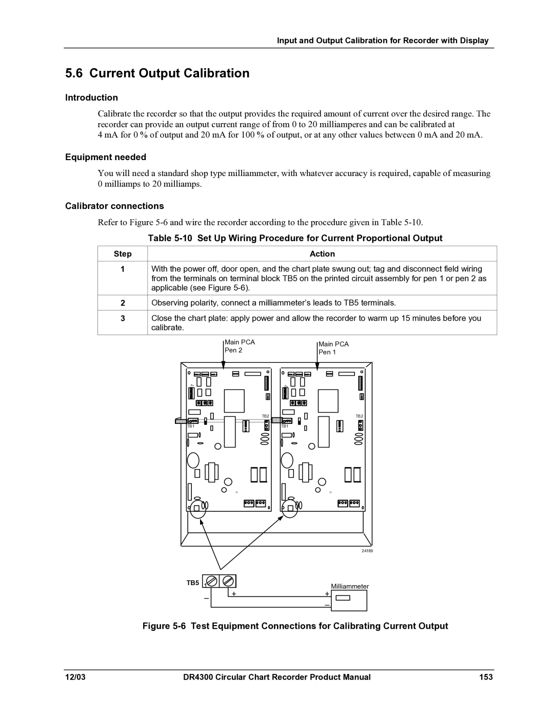 Honeywell manual Current Output Calibration, Calibrator connections, DR4300 Circular Chart Recorder Product Manual 153 