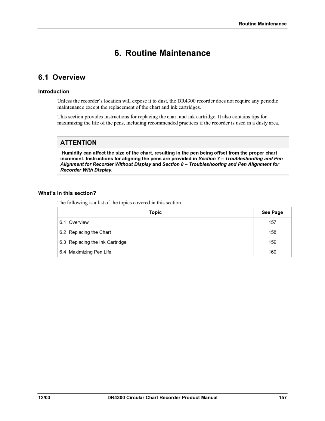 Honeywell manual Routine Maintenance, DR4300 Circular Chart Recorder Product Manual 157 