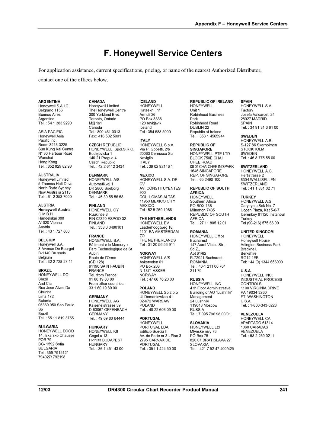 Honeywell manual Appendix F Honeywell Service Centers, DR4300 Circular Chart Recorder Product Manual 241 