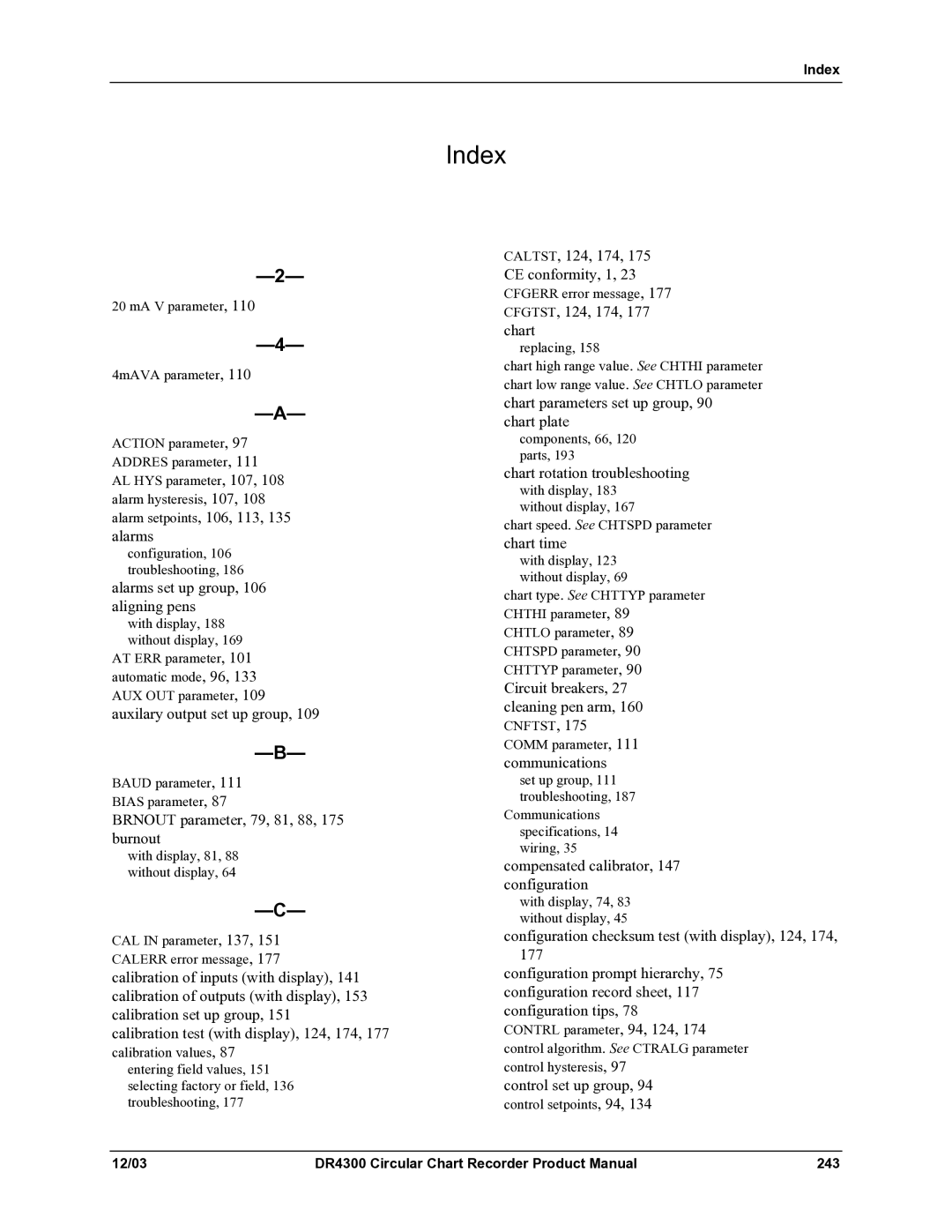 Honeywell manual Index, DR4300 Circular Chart Recorder Product Manual 243 