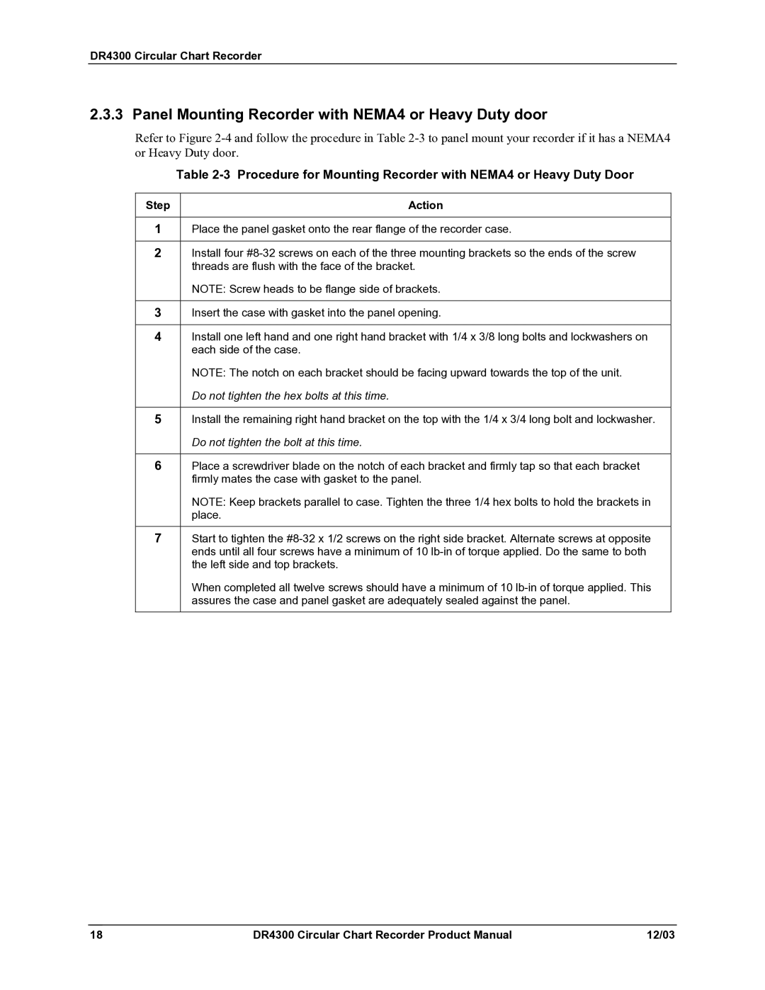Honeywell DR4300 manual Panel Mounting Recorder with NEMA4 or Heavy Duty door, Do not tighten the hex bolts at this time 