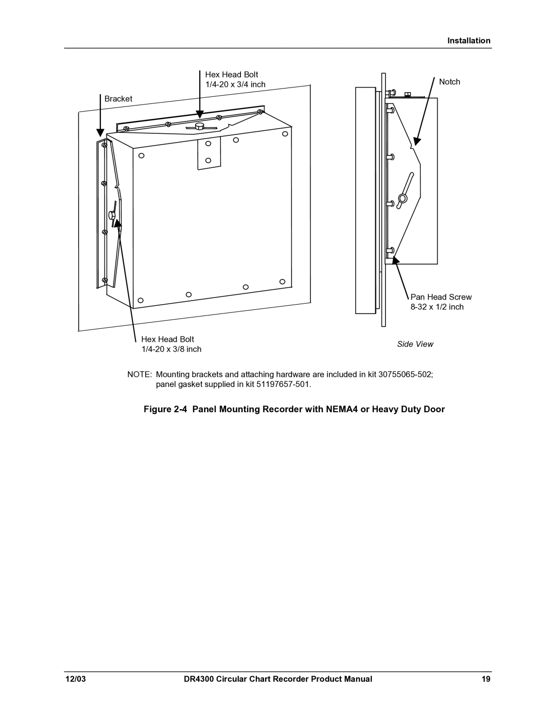 Honeywell DR4300 manual Panel Mounting Recorder with NEMA4 or Heavy Duty Door, Side View 