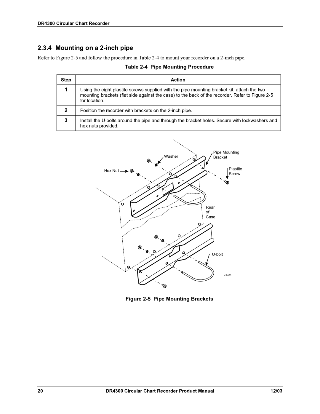 Honeywell DR4300 manual Mounting on a 2-inch pipe, Pipe Mounting Procedure 