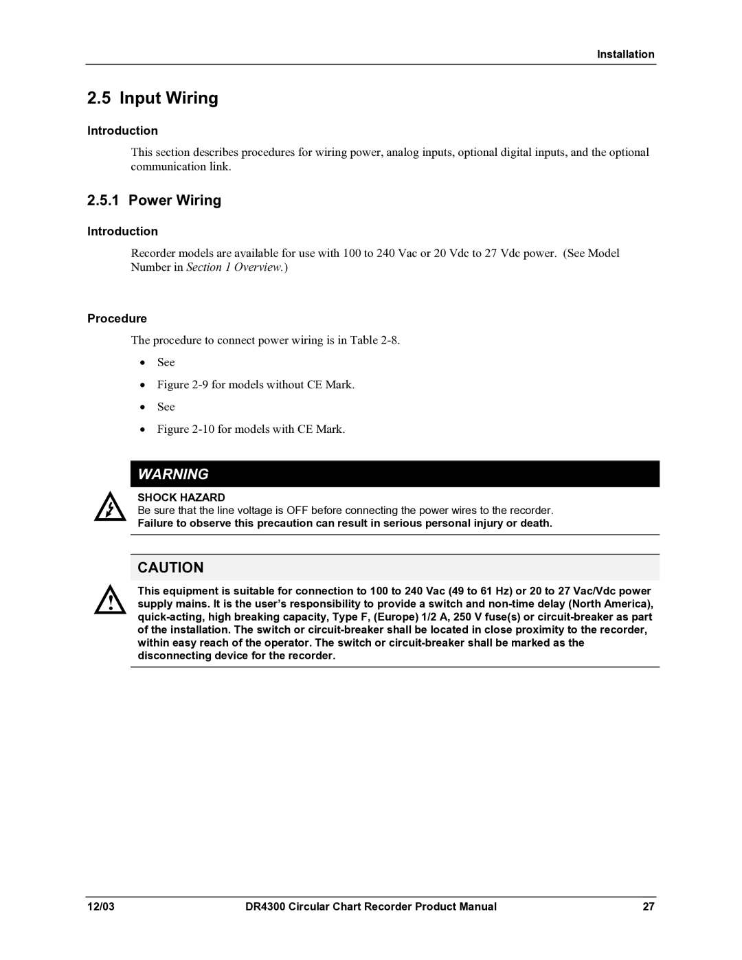 Honeywell DR4300 manual Input Wiring, Power Wiring, Shock Hazard 