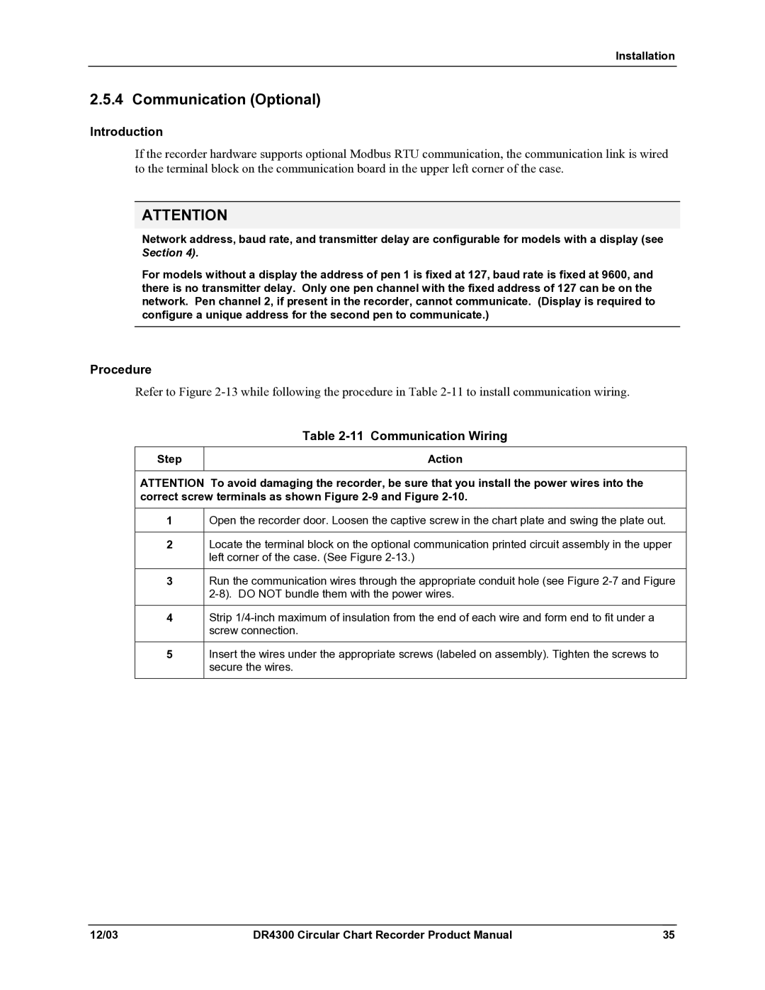 Honeywell DR4300 manual Communication Optional, Communication Wiring 