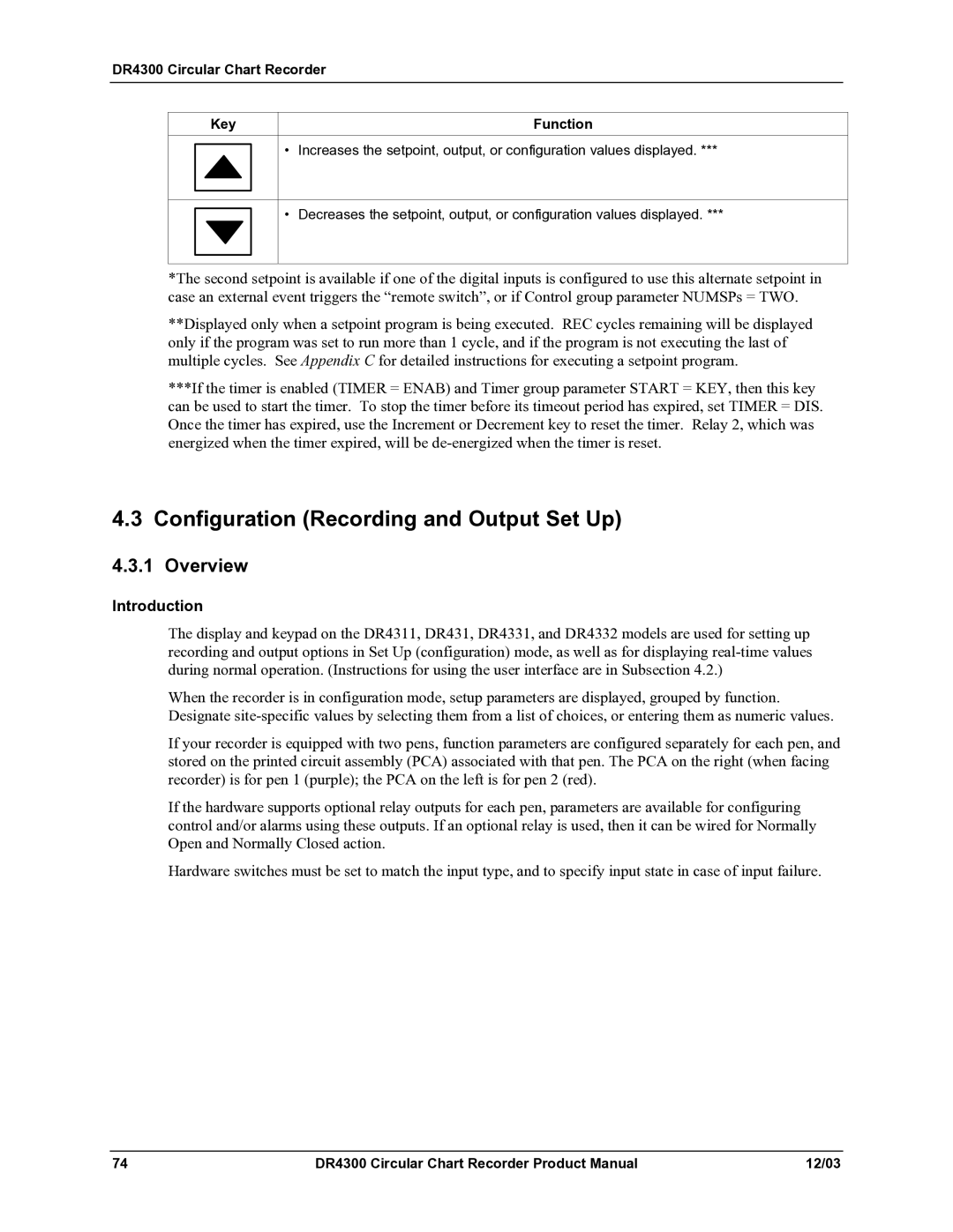 Honeywell manual Configuration Recording and Output Set Up, DR4300 Circular Chart Recorder Key Function 