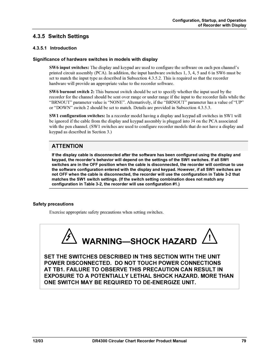 Honeywell DR4300 manual Switch Settings, Safety precautions 