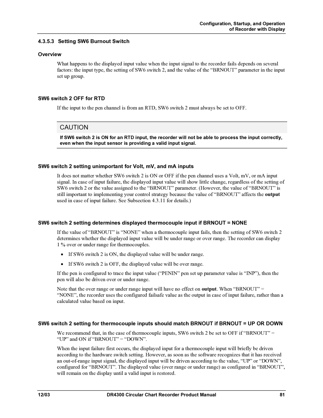 Honeywell DR4300 manual Setting SW6 Burnout Switch Overview, SW6 switch 2 OFF for RTD 