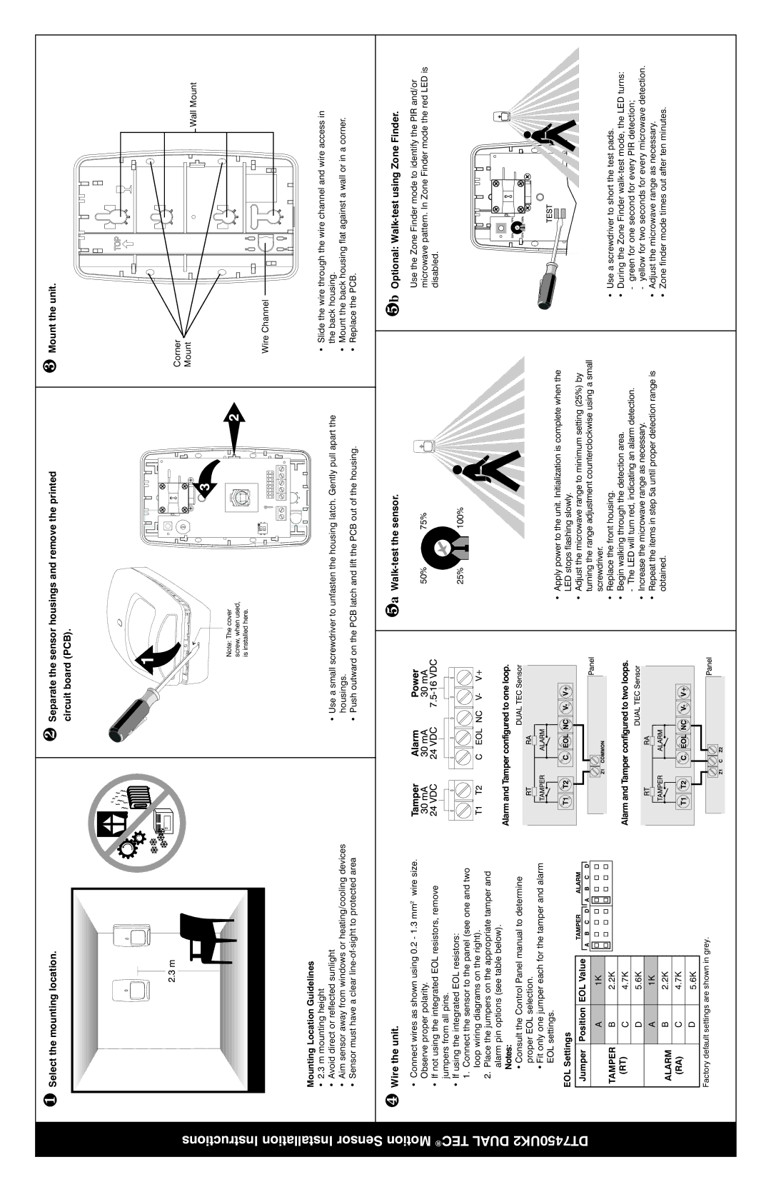 Honeywell DT7450UK2 installation instructions Sensor Installation Instructions 