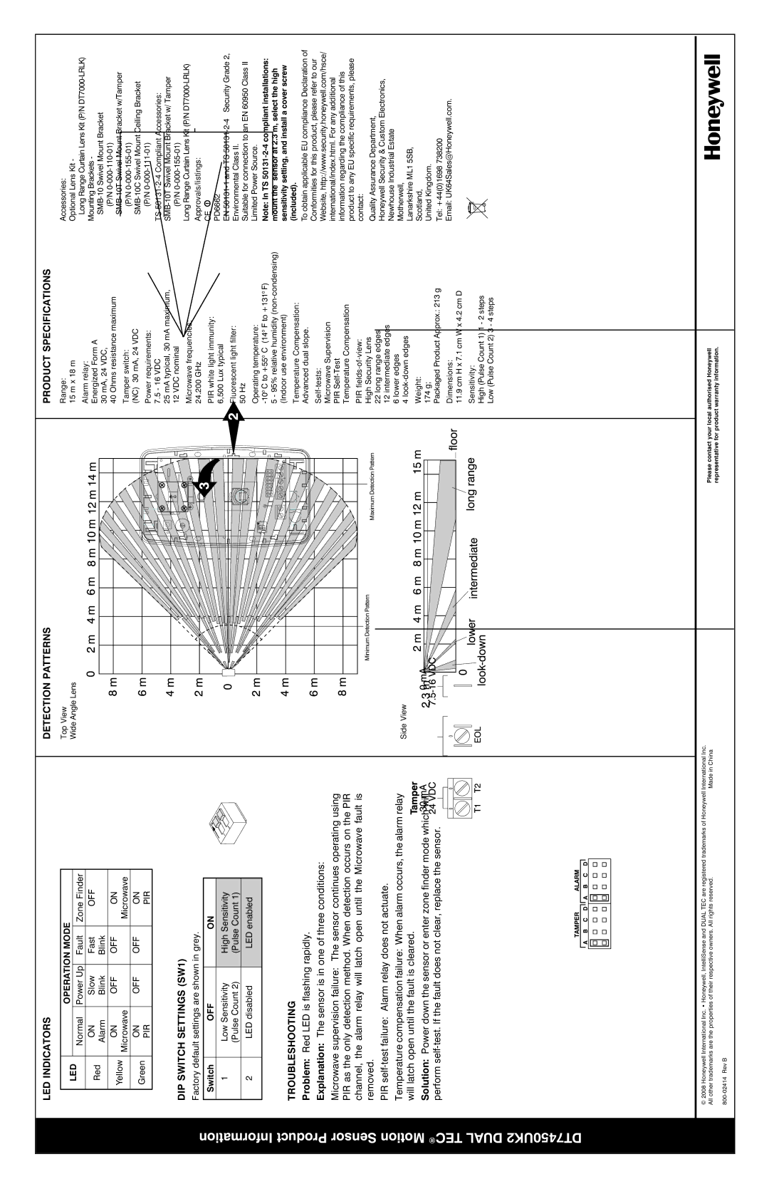 Honeywell installation instructions DT7450UK2 Dual TEC Motion Sensor Product Information 