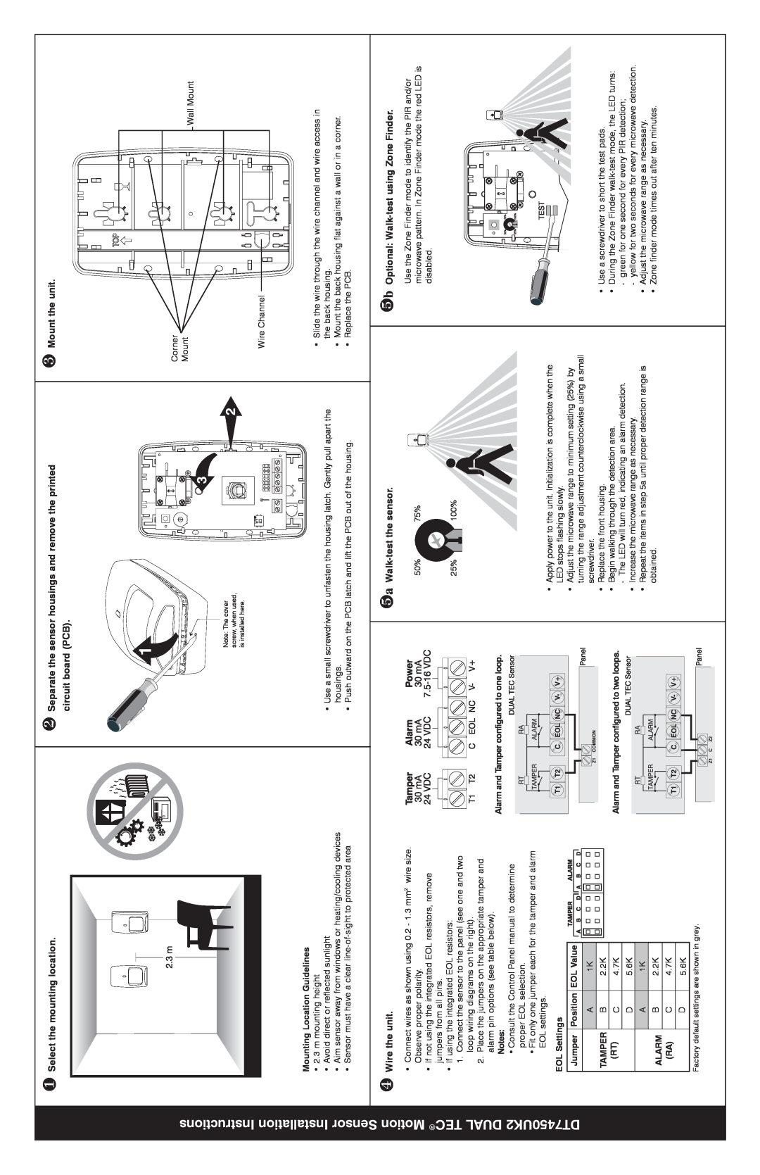 Honeywell DT7450UK2 installation instructions Sensor Installation Instructions, ❶Select the mounting location 