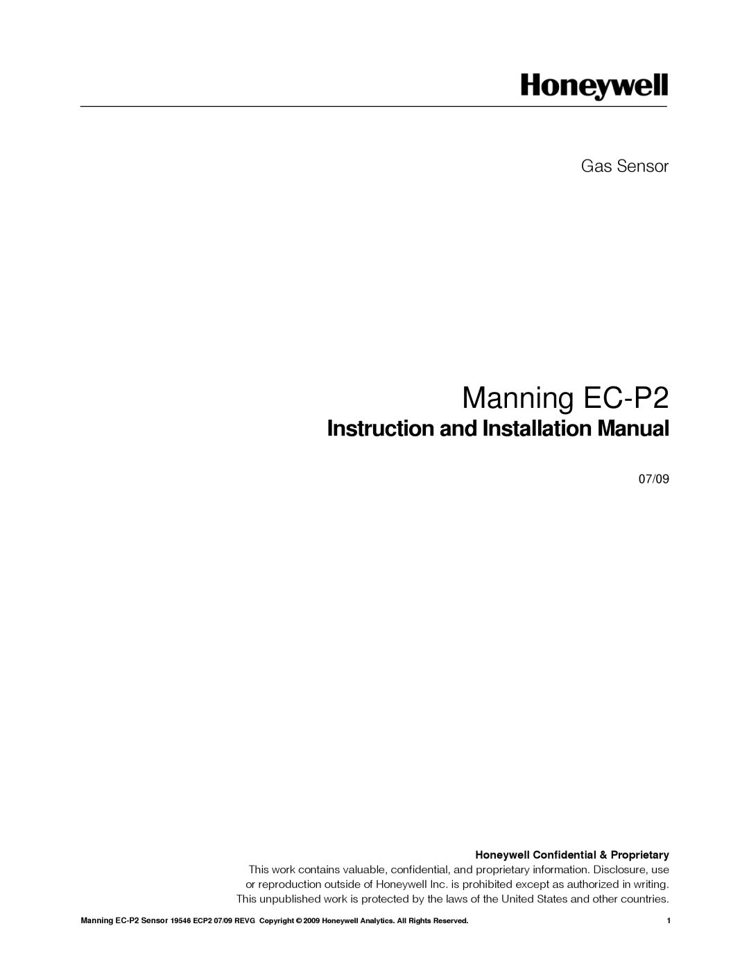Honeywell Manning EC-P2 installation manual Instruction and Installation Manual, Release G Draft, Gas Sensor, 07/09 