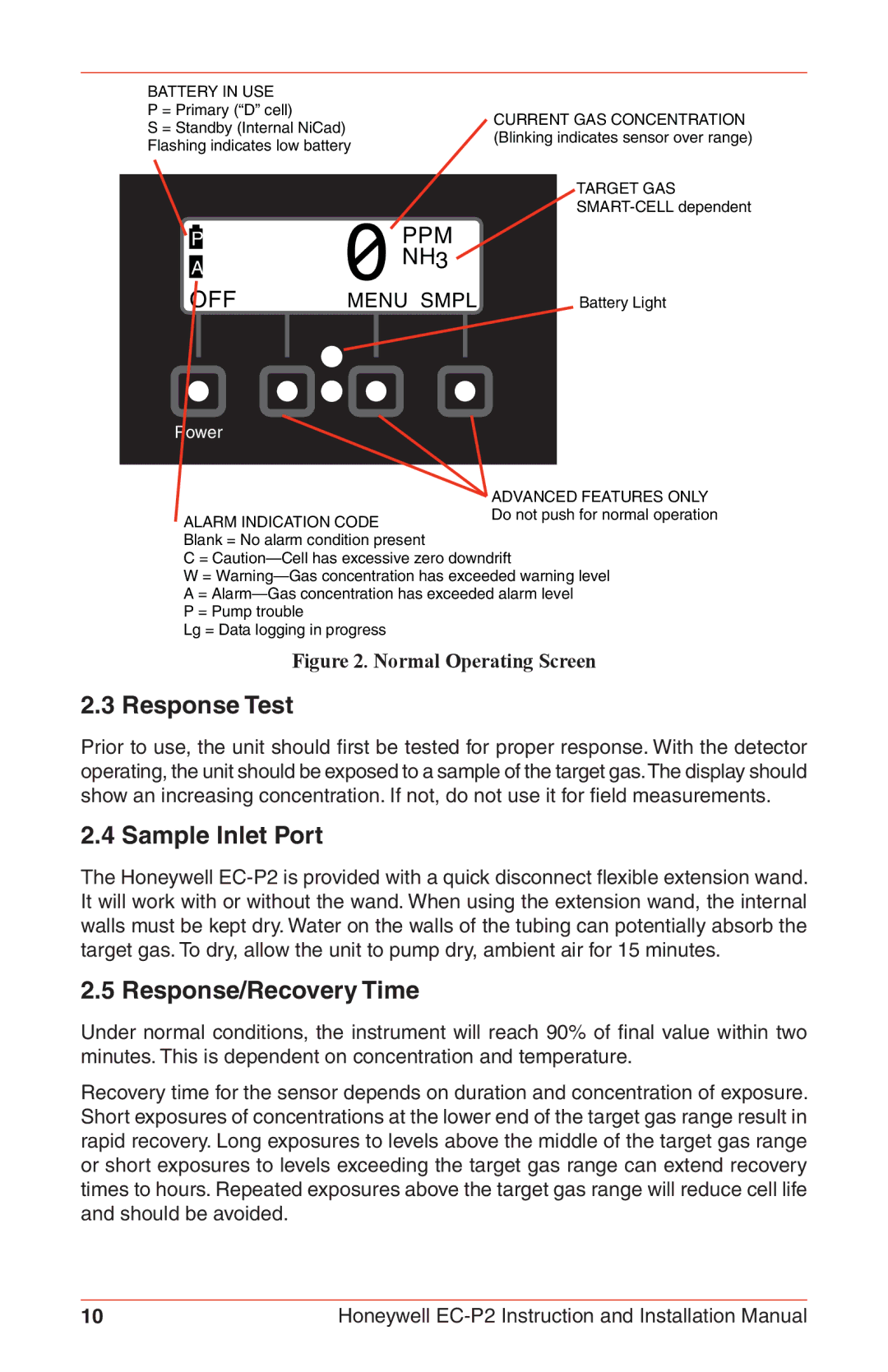 Honeywell EC-P2 instruction manual Response Test, Sample Inlet Port, Response/Recovery Time 