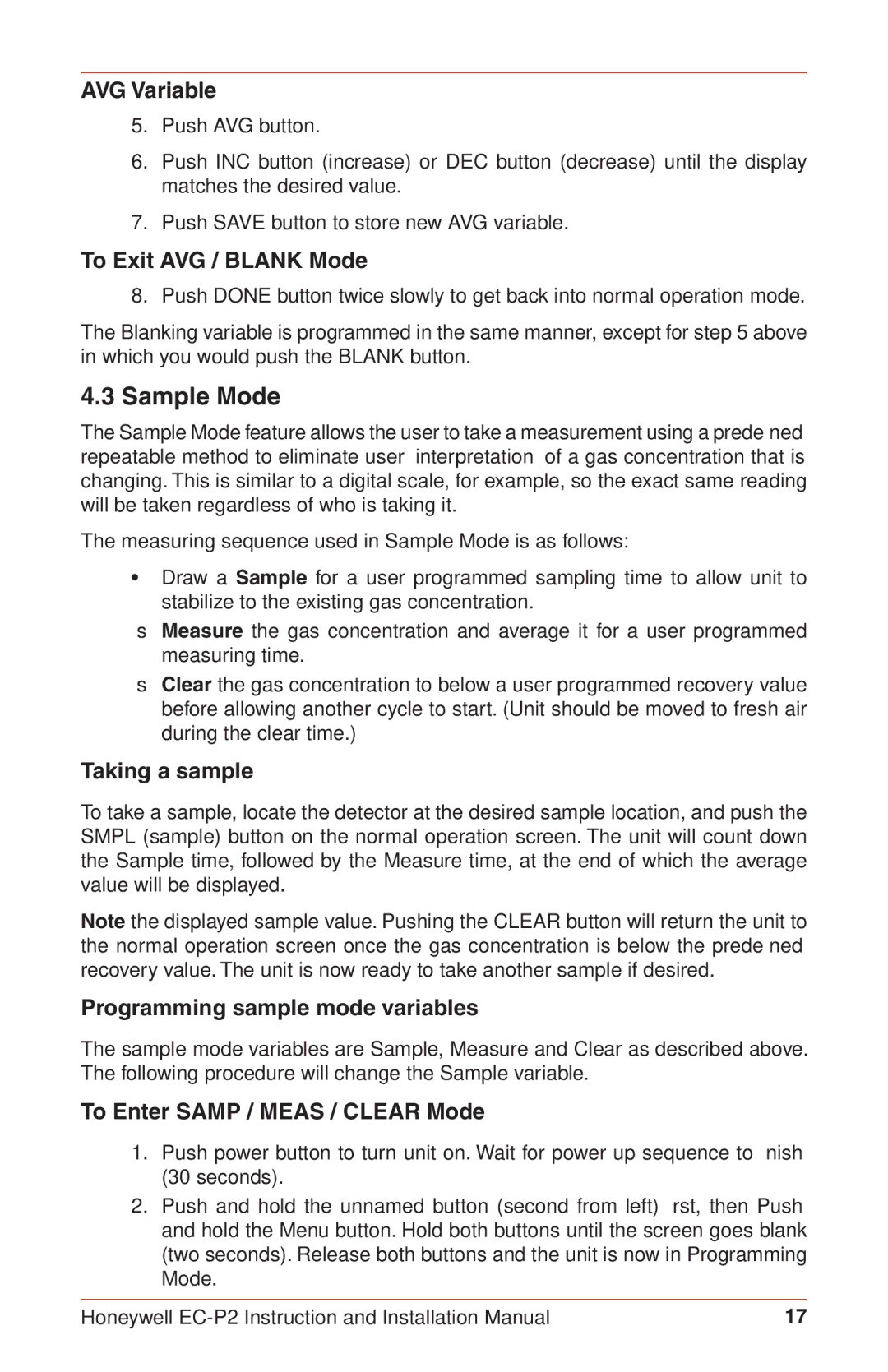 Honeywell EC-P2 instruction manual Sample Mode 