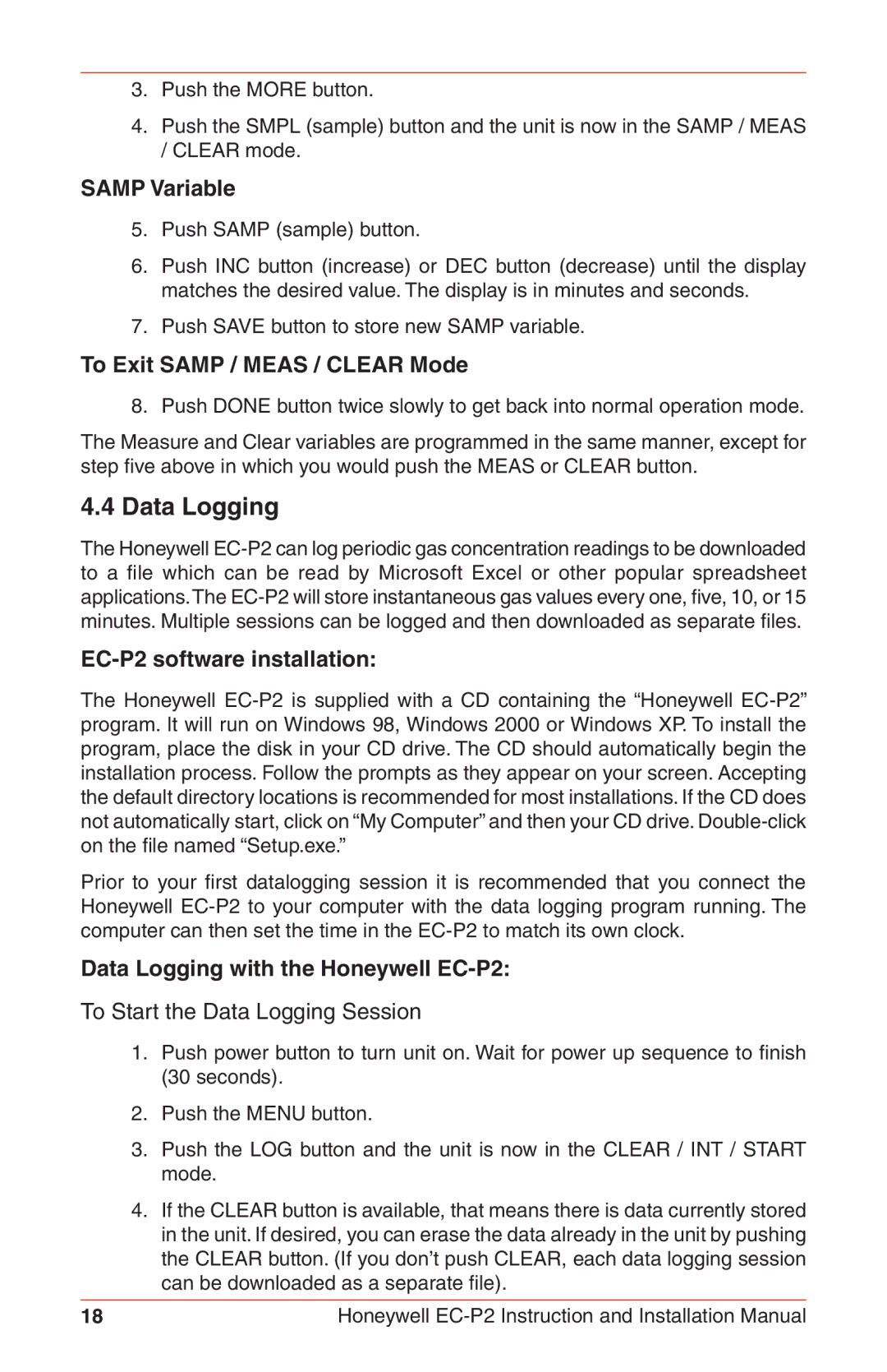 Honeywell instruction manual Data Logging, Samp Variable, To Exit Samp / Meas / Clear Mode, EC-P2 software installation 