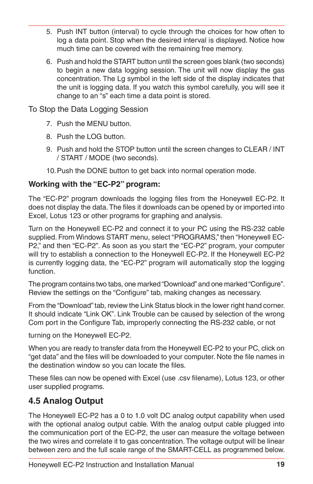 Honeywell instruction manual Analog Output, Working with the EC-P2 program 