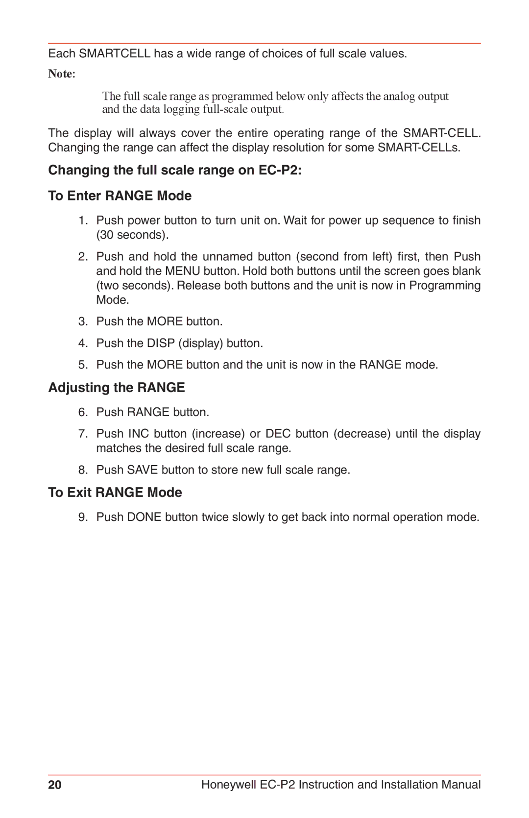 Honeywell Changing the full scale range on EC-P2 To Enter Range Mode, Adjusting the Range, To Exit Range Mode 