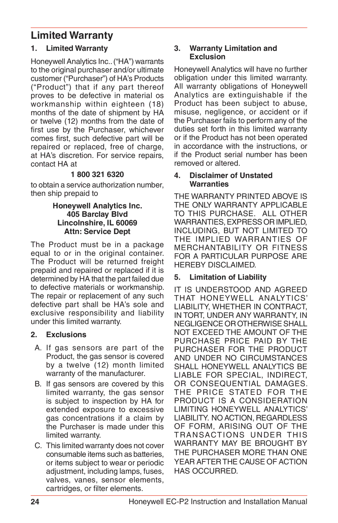 Honeywell EC-P2 instruction manual Limited Warranty, Exclusions 