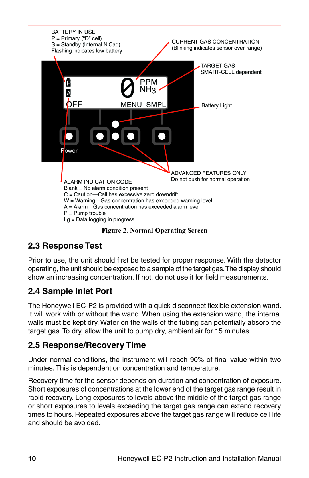 Honeywell EC-P2 instruction manual Response Test, Sample Inlet Port, Response/Recovery Time, Normal Operating Screen 
