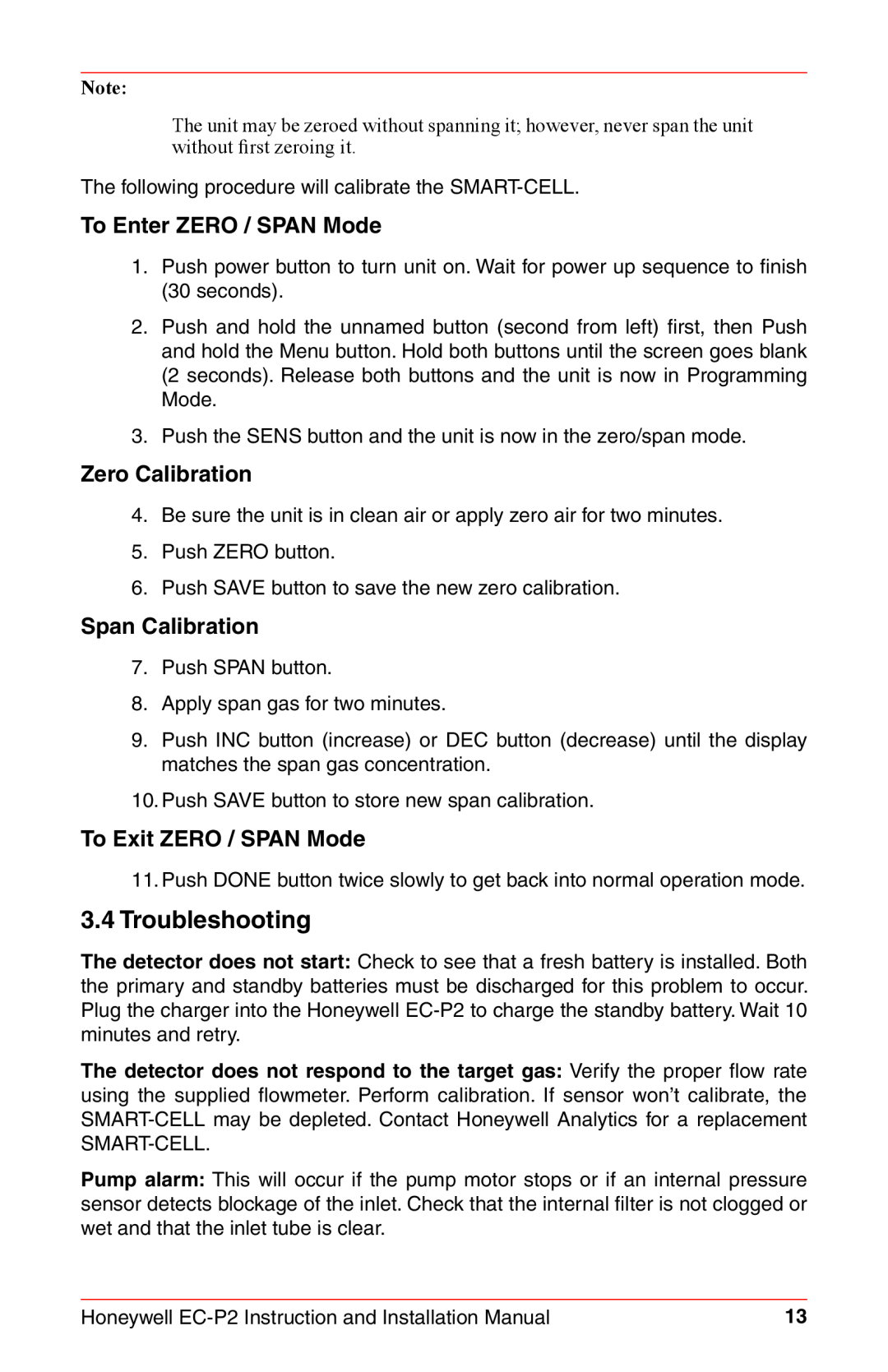 Honeywell EC-P2 instruction manual 3.4Troubleshooting, To Enter ZERO / SPAN Mode, Zero Calibration, Span Calibration 