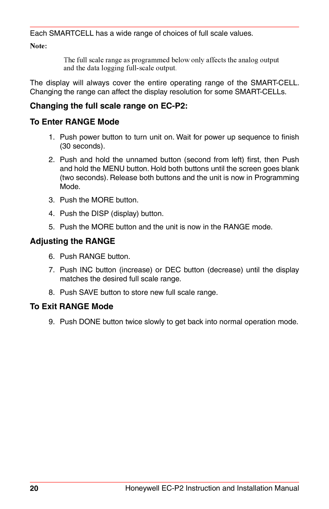 Honeywell Changing the full scale range on EC-P2, To Enter RANGE Mode, Adjusting the RANGE, To Exit RANGE Mode 